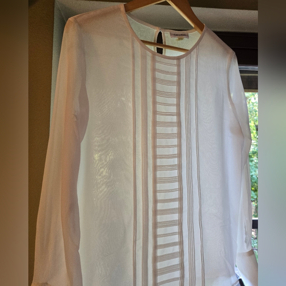 Calvin Klein White Sheer Top with Stripe Accents